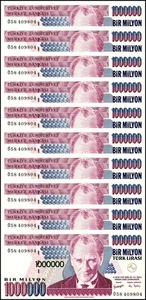 Turkey 1 Million Lira, L.1970 (1996-2006 ND) P-213a.1 UNC Prefix Vary X 10 PCS - Picture 1 of 2