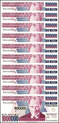 Turkey 1 Million Lira, L.1970 (1996-2006 ND) P-213a.1 UNC Prefix Vary X 10 PCS - Image 1 of 2