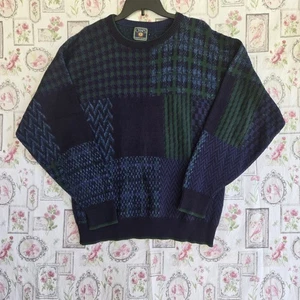 Vintage Chaps Ralph Lauren Men's Patchwork Knit Sweater Pullover Blue Green L - Picture 1 of 5