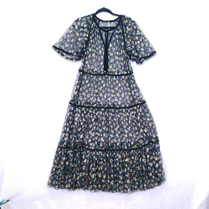 Free People praktisches magisches schwarzes transparentes Blumen Mesh Boho Stufen Midikleid S - Bild 1 von 17