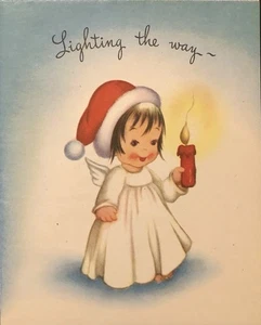 Vintage Weihnachtsgrußkarte hübsche kleine Engelsflügel Nikolausmütze beleuchtet den Weg - Bild 1 von 4