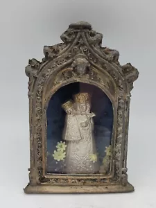 Miniatur Schrein mit Madonna und Kind, ua Leder(?) und Metall - Bild 1 von 10