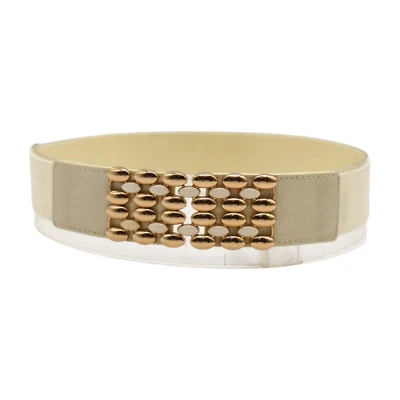 Mujeres Crema Color Perla Cintura Elástica Moda Cinturón Dorado Ovalado Lunares Hebilla S M Foto 1 de 4