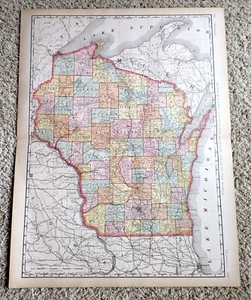 Wisconsin Vintage ORIGINAL Antique State Map Rand McNally 1899 Atlas 28" x 21.5" - Picture 1 of 5