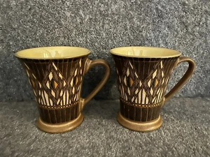2 Denby Gatsby mugs 90’s Footed Stoneware Art Deco Flared Top Brown/Yellow 300ml - Picture 1 of 5