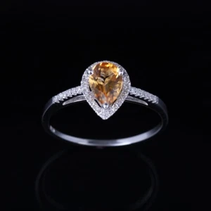 Solid10K White Gold Sparkled Pear Citrine Engagemet Wedding Anniversary Ring - Picture 1 of 6