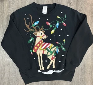 Reindeer Christmas Sweatshirt Graphic Print Glitter Crewneck Gildan Womens S - Picture 1 of 8