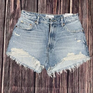 Zara Pale Blue Denim Ripped Frayed Distressed High Rise Shorts EU38 US 6 - Picture 1 of 5