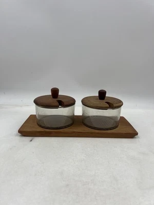 Luthje Wood Teak Glass Double Condiment Jar Set w/ Tray Danish Modern MCM - Image 1 of 4