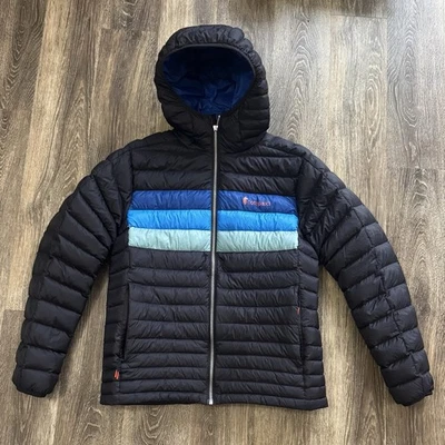 Mens Cotopaxi Fuego Down Hooded Puffer Jacket Black Blue Grey Size Medium - Image 1 of 4