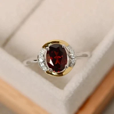 1.70 Ct Oval Natural Garnet Diamond Bridal Ring 14K Solid White Gold Size All - Image 1 of 4