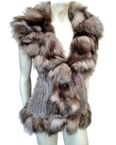 Real Fox Fur&real Coney Rabbit Fur Waistcoat Gilet Body-warmer Sz L XL 10 12 14 - Picture 1 of 17