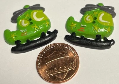 2 Vtg JHB Hand-Painted Resin Green Helicopter Novelty Kids Buttons 26mm 1" 15007 - Image 1 of 3