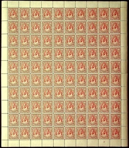 TRANSJORDAN: 1943 Full 10 x 10 Sheet 1M Brown Carmine Examples - Full Margins - Picture 1 of 2