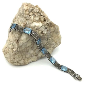 Sterling Silber Blautopas Markasiten Gliederarmband 925 Vintage - Bild 1 von 12
