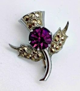 Antique Mizpah Silver Marcasite Purple Amethyst Stone Brooch - Picture 1 of 12