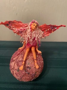 Kirks Folly Ornament pink glitter and sequinsFairy Pixie sitting on pink orb 6.5 - Picture 1 of 9
