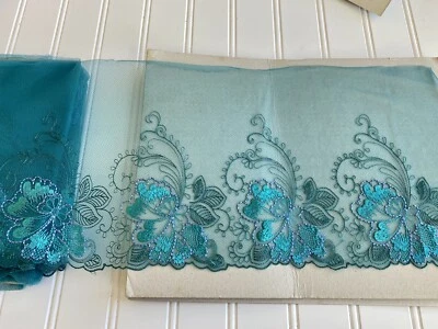 2 Pieces Emerald Green Floral Embroidered Lace Trim for Sewing/Crafts/7.5" Wide - Image 1 of 4