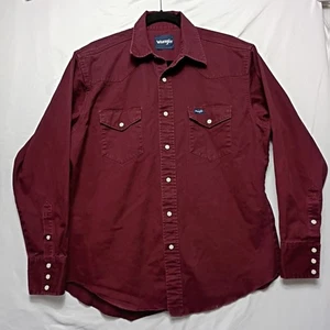 Wrangler Pearl Snap Brush Popper Work Shirt Burgundy Men's Size See Measurements - Picture 1 of 4