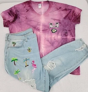 Woman Outfit Rue+ Size 24 Jeans Gildan Shirt Ice Tie Dye 2XL Beach Patches *** - Picture 1 of 23