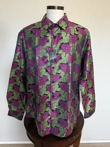 NWT Barry Wang Rose Shirt Mens XL Purple Black Green Silk Dress shirt Button Up - Picture 1 of 9