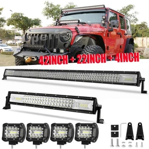 Tri Row 42" +22" LED Lights Bar +4x 4" Pods Combo Kit For Jeep Wrangler JK TJ YJ - Picture 1 of 24