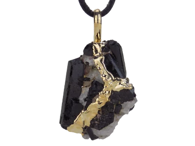 Anhänger Turmalin Quarz Rohstein Schörl inkl. Kordel, 20-25mm, 10g, vergoldet - Bild 1 von 2