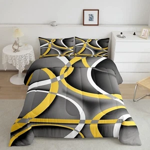 Retro Circle Geometry Comforter Set Queen Size Yellow Gray Black Bedding Set ... - Picture 1 of 6