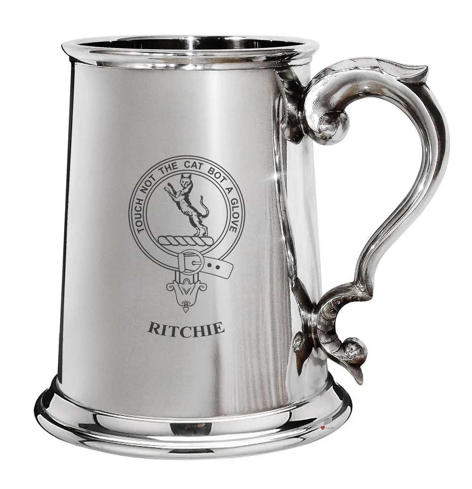 Ritchie Family Crest Polished Pewter 1 Pint Tankard with Scroll handle - Image 1 of 1
