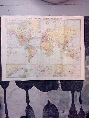 Genuine Antique 1920s Geographia Ltd A Gross World Map Inc Time Zones & Cables  • 35£