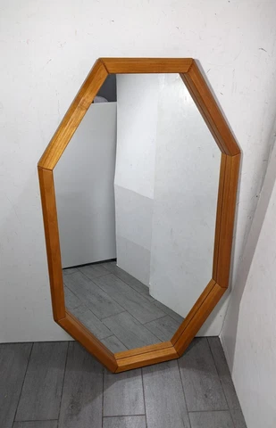 Vintage Danish Mid Century Modern Solid Teak Wood Octagonal Wall Mirror Denmark Cover
