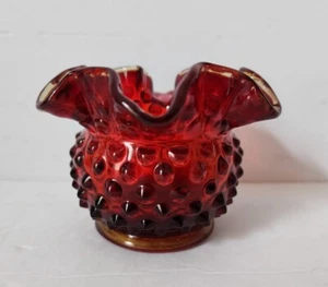 Fenton Amberina Red Orange Hobnail Ruffle Crimp Edge Rose Bowl Vase Vtg W/ Label - Picture 1 of 20