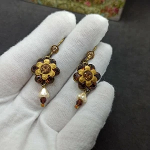 Michal Negrin Earrings Drop Large Flower With Brown Swarovski Crystals Gift New - Picture 1 of 12