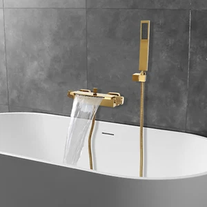 Rubinetto vasca da bagno oro cascata rubinetto set con brace a mano - Foto 1 di 17