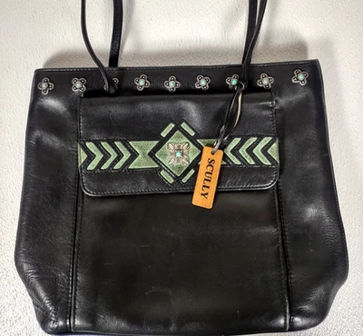De Colección Scully South Western Bolso de Hombro de Cuero Negro Cartera Montura Turquesa Tachuelas Foto 1 de 4