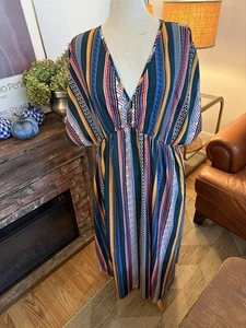 Maxi abito lungo a righe colori vivaci audaci 3XL curvy più misto cotone scollo a V - Foto 1 di 5