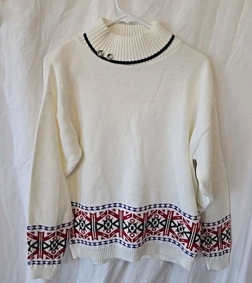 Suéter pulôver vintage Nan Dorsey gola alta creme com design vermelho preto roxo G - Imagem 1 de 4