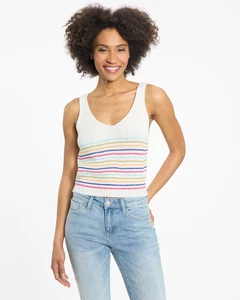 Neu mit Etikett Mia & Tess Regenbogenstreifen V-Ausschnitt Pullover Tanktop weiß bunt Damen M - Bild 1 von 12
