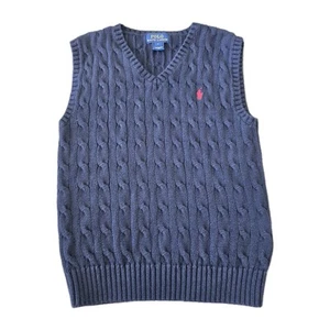Polo Ralph Lauren Unisex Kids Size 7 Cable Knit V-Neck Sweater Vest Cotton Navy - Picture 1 of 7