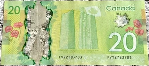 Canada $20 Dollar Banknote Three-Digit Repeater Fancy Serial Number FVY2783783 - Picture 1 of 2