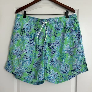 Lilly Pulitzer Mens Capri Trunks Swim Blue Green Size XL Front Tie Tropical 6” - Picture 1 of 12