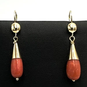 ORECCHINI VINTAGE ANNI '50 ORO MASSICCIO 18K GOCCE DI CORALLO MEDITERRANEO - Foto 1 di 9