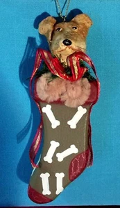 Terrier Dog in Christmas Bone Stocking Ornament with Chenille Paws Hand Painted  - Picture 1 of 2
