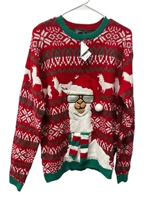 Ugly Christmas Sweater Llama Sunglasses Santa Hat Scarf Red Green Men  L W Tags - Picture 1 of 6
