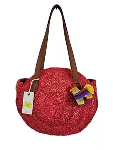 Lucky Brand Dyed Corn Husk Beachy Boho Tote Bag Poppy Red w Bag Charms NWT - Picture 1 of 13