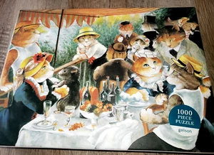 1000 piece JIGSAW PUZZLE CATS gibson LUNCHEON OF THE BOATING PARTY CATS IN HATS - Picture 1 of 1