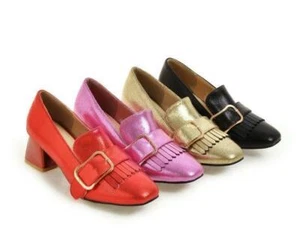 Zapatos de salón informales informales con hebilla mocasines de tacón grueso borla punta cuadrada para mujer - Imagen 1 de 13