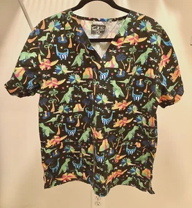 butter-soft Women's Black Multicolor Dinosaur V-Neck 2 Pocket Scrub Top Size M - Picture 1 of 3