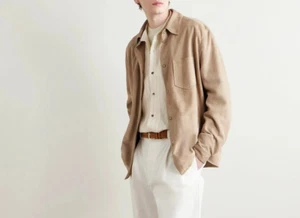 Leather Trucker Jacket for Mens Beige Pure Suede Custom Made Size S M L XXL 3XL - Picture 1 of 3