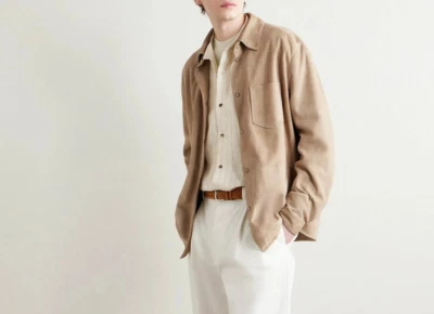 Leather Trucker Jacket for Mens Beige Pure Suede Custom Made Size S M L XXL 3XL - Image 1 of 3